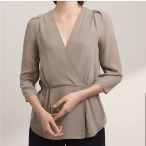 Babaton Aritzia Silk Blouse Surplice Peplum Taupe XXS Office Workwear